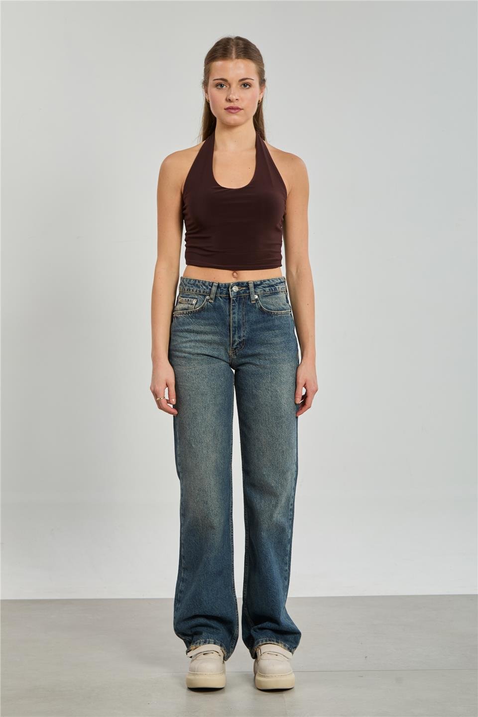 Kadın Straight Leg Jean Pantolon - Yeşil Tint