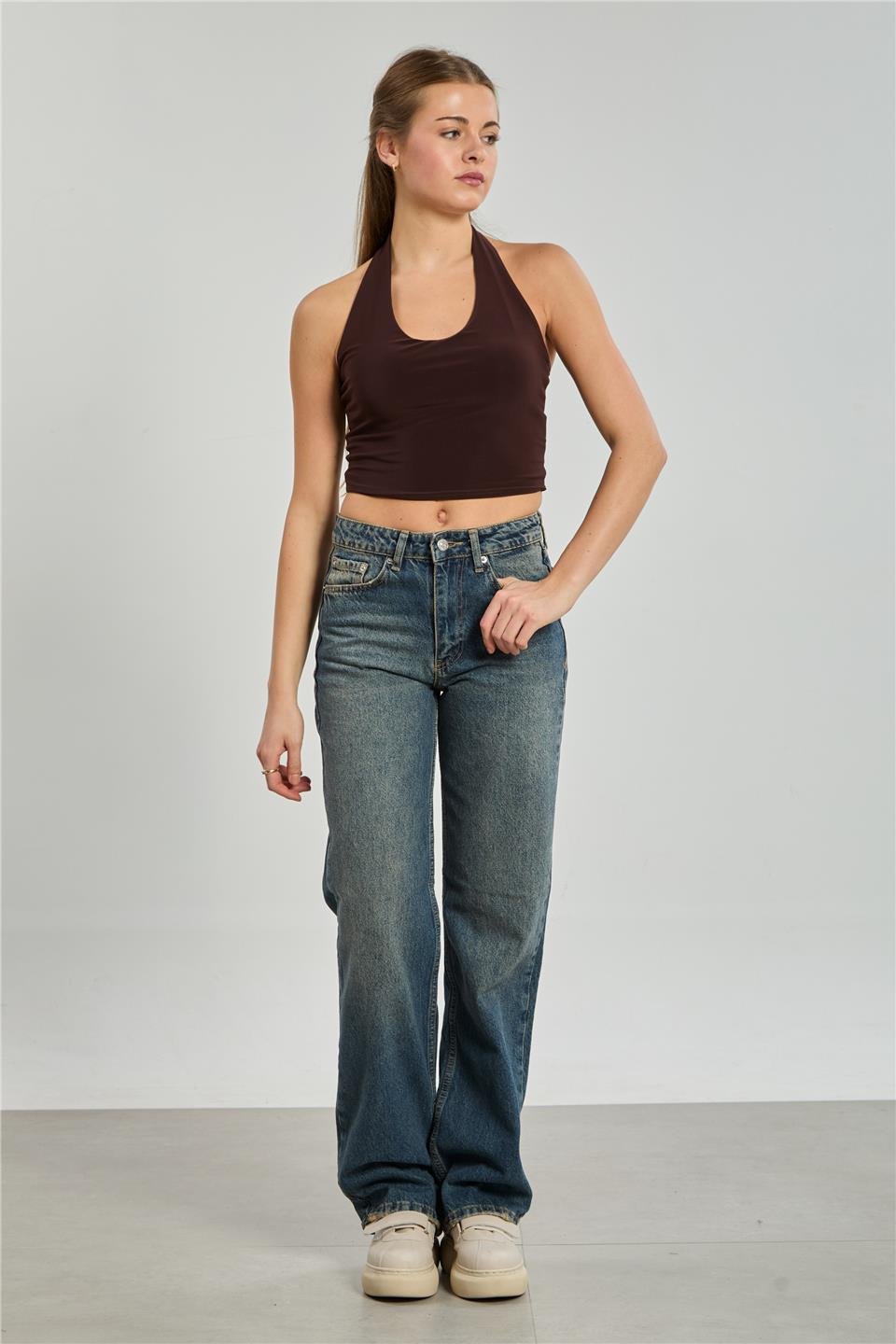 Kadın Straight Leg Jean Pantolon - Yeşil Tint