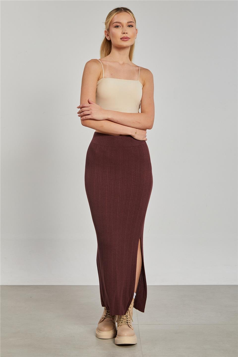 Triko Yırtmaçlı Kadın Etek - Kahve
