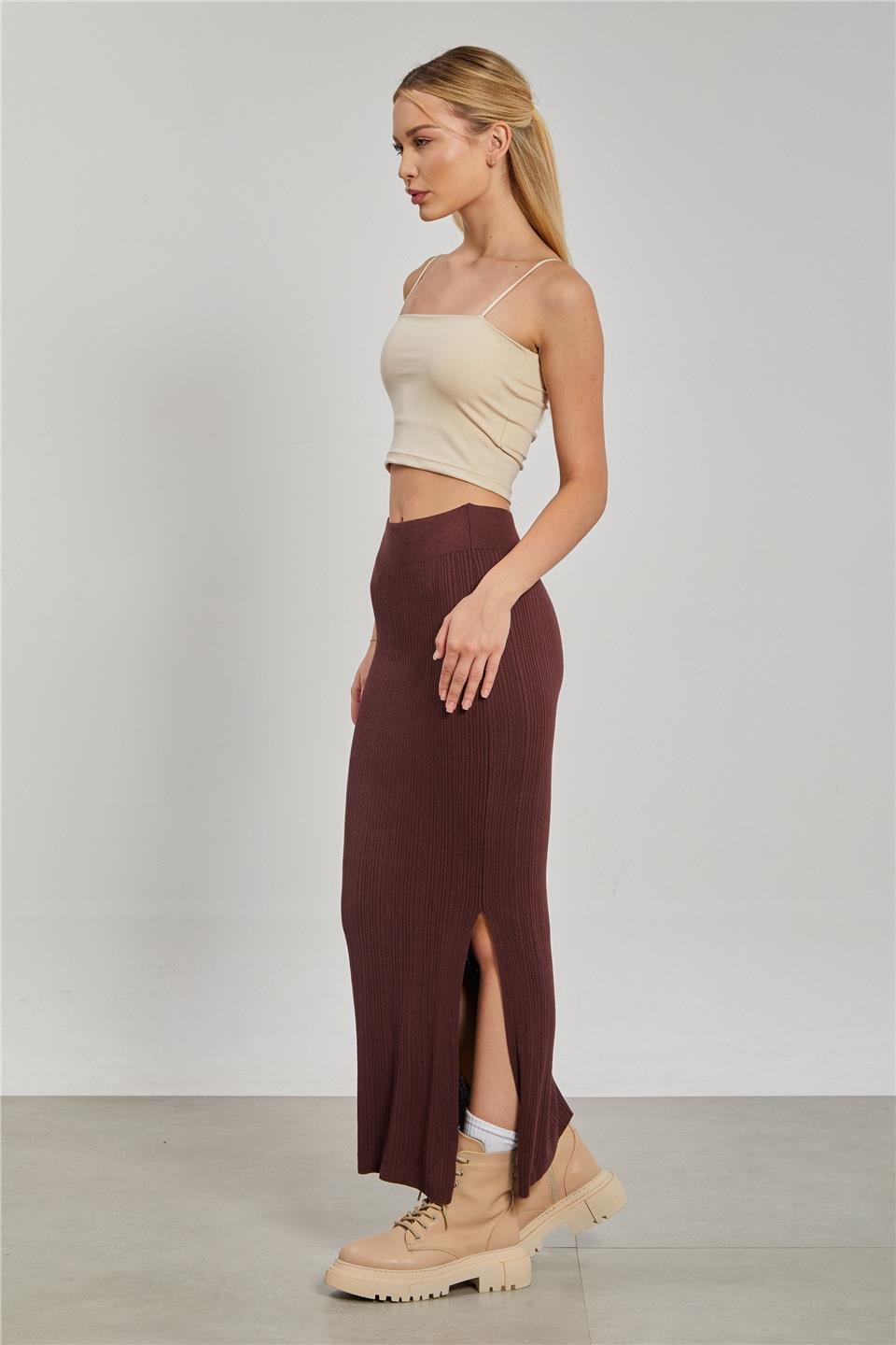 Triko Yırtmaçlı Kadın Etek - Kahve