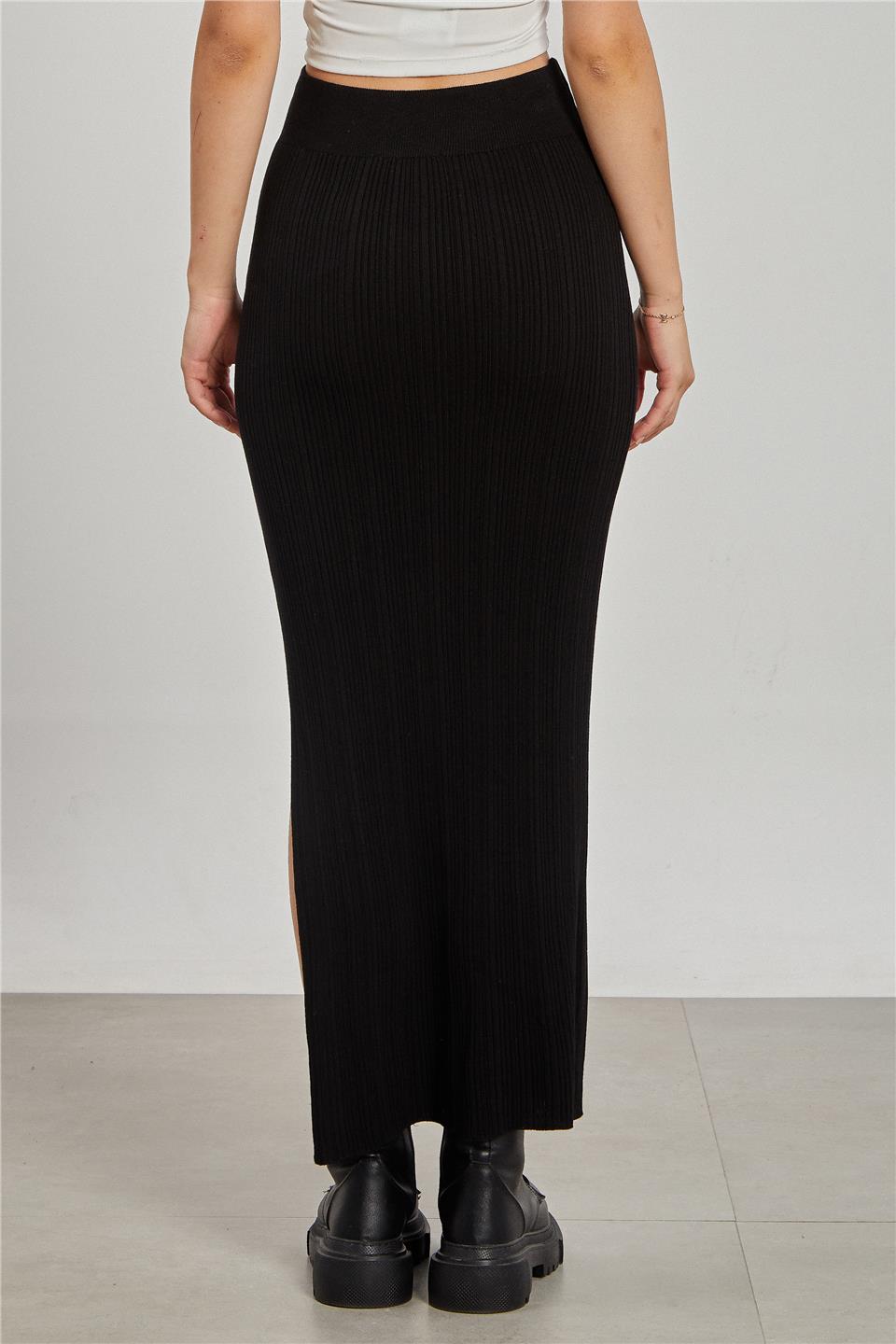 Triko Yırtmaçlı Kadın Etek - Siyah