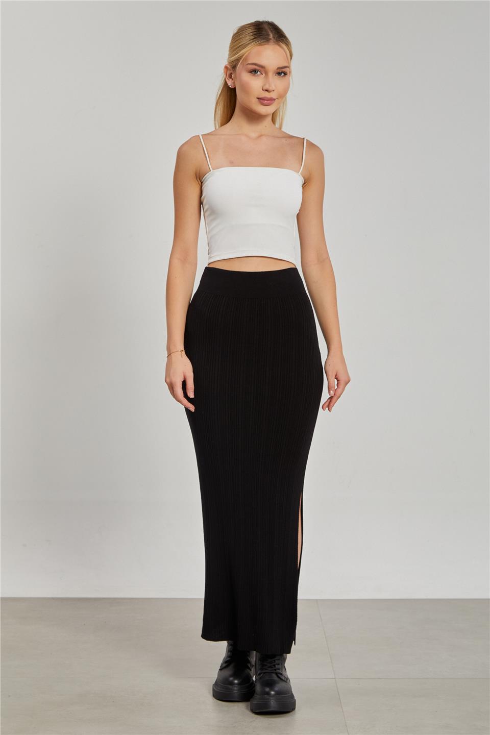Triko Yırtmaçlı Kadın Etek - Siyah