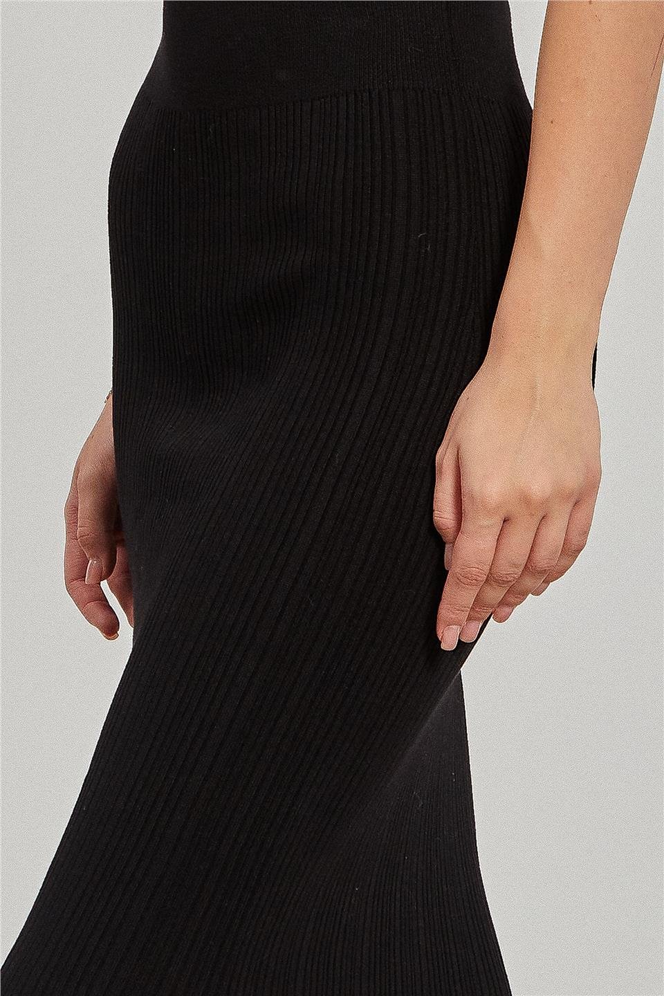 Triko Yırtmaçlı Kadın Etek - Siyah