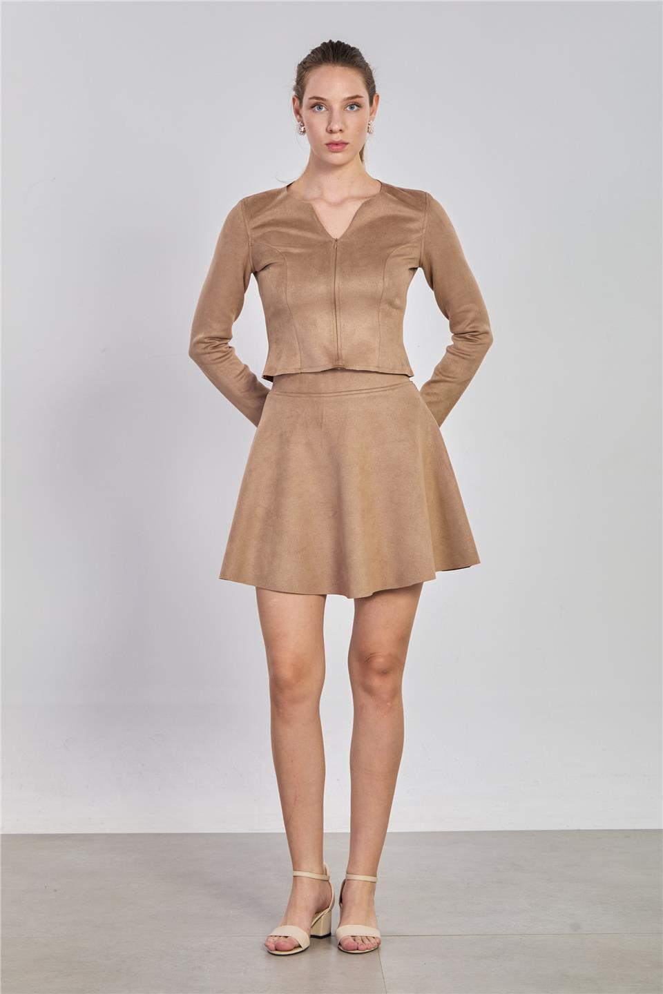 Kadın Volanlı Kısa Süet Etek - Vizon