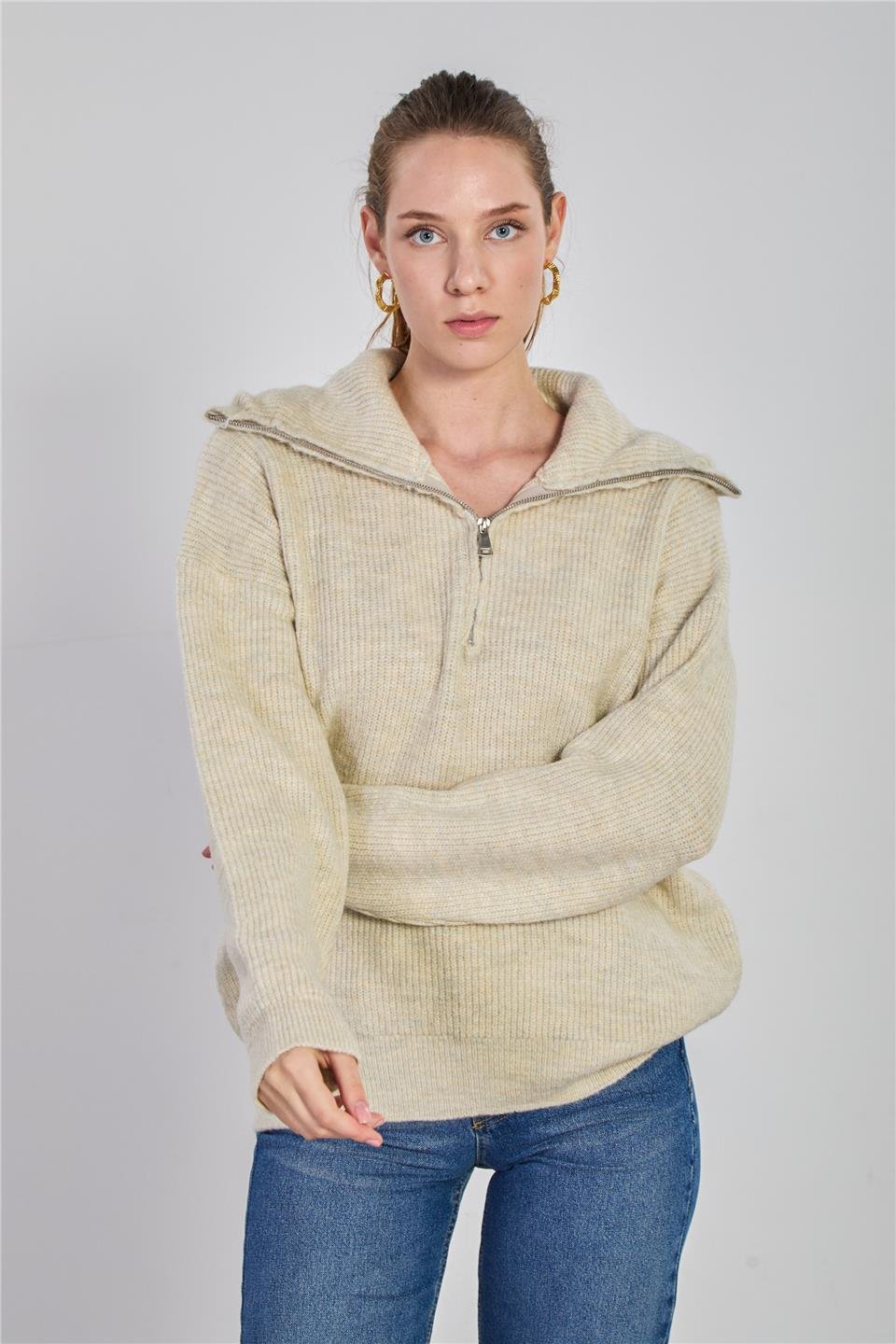 Kadın Yaka Fermuarlı Oversize Sweatsihrt - Taş Rengi