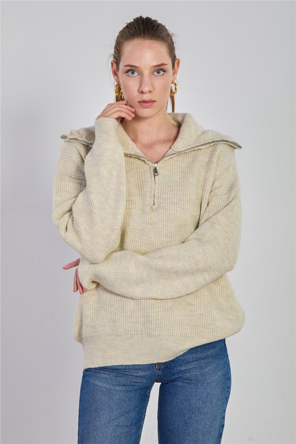 Kadın Yaka Fermuarlı Oversize Sweatsihrt - Taş Rengi