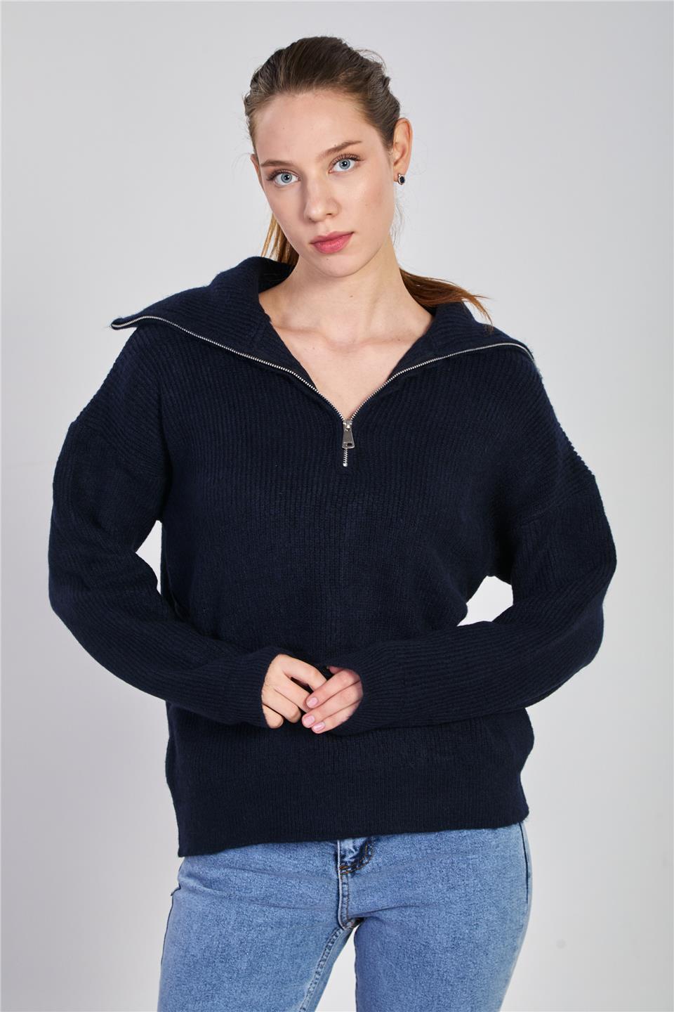 Kadın Yaka Fermuarlı Oversize Sweatshirt - Lacivert