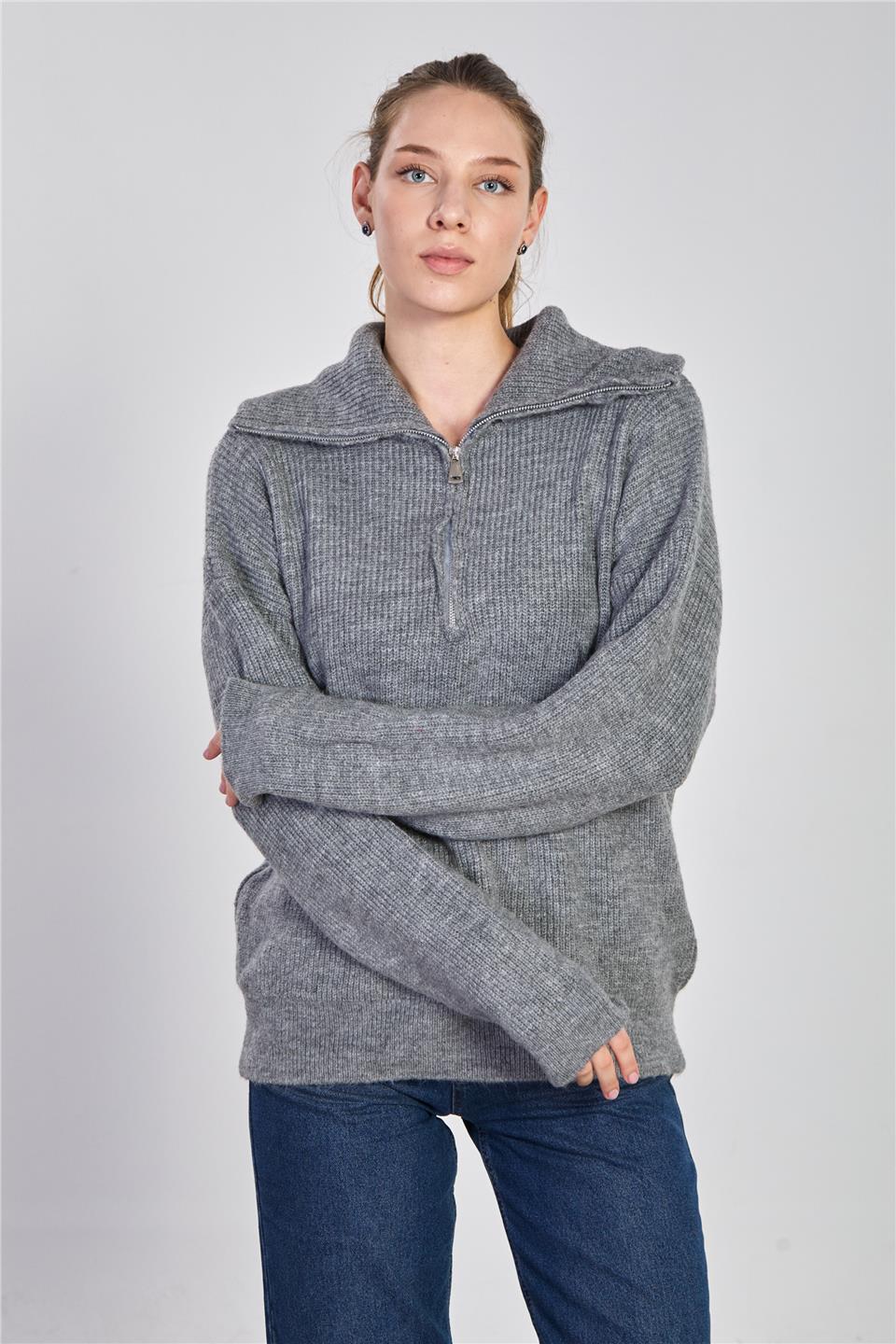 Kadın Yaka Fermuarlı Oversize Sweatshirt - Antrasit 