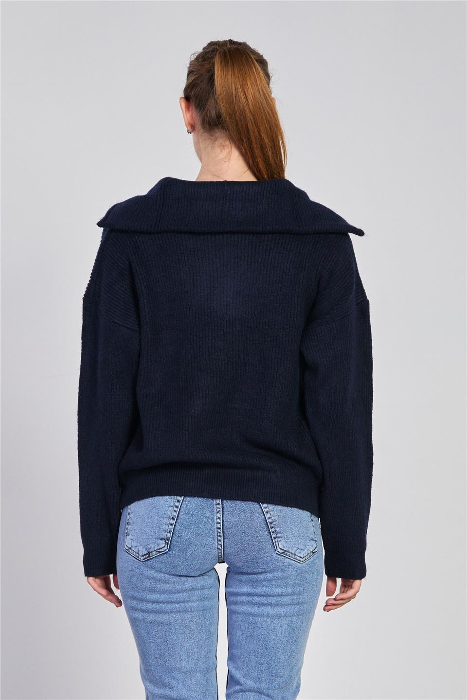 Kadın Yaka Fermuarlı Oversize Sweatshirt - Lacivert