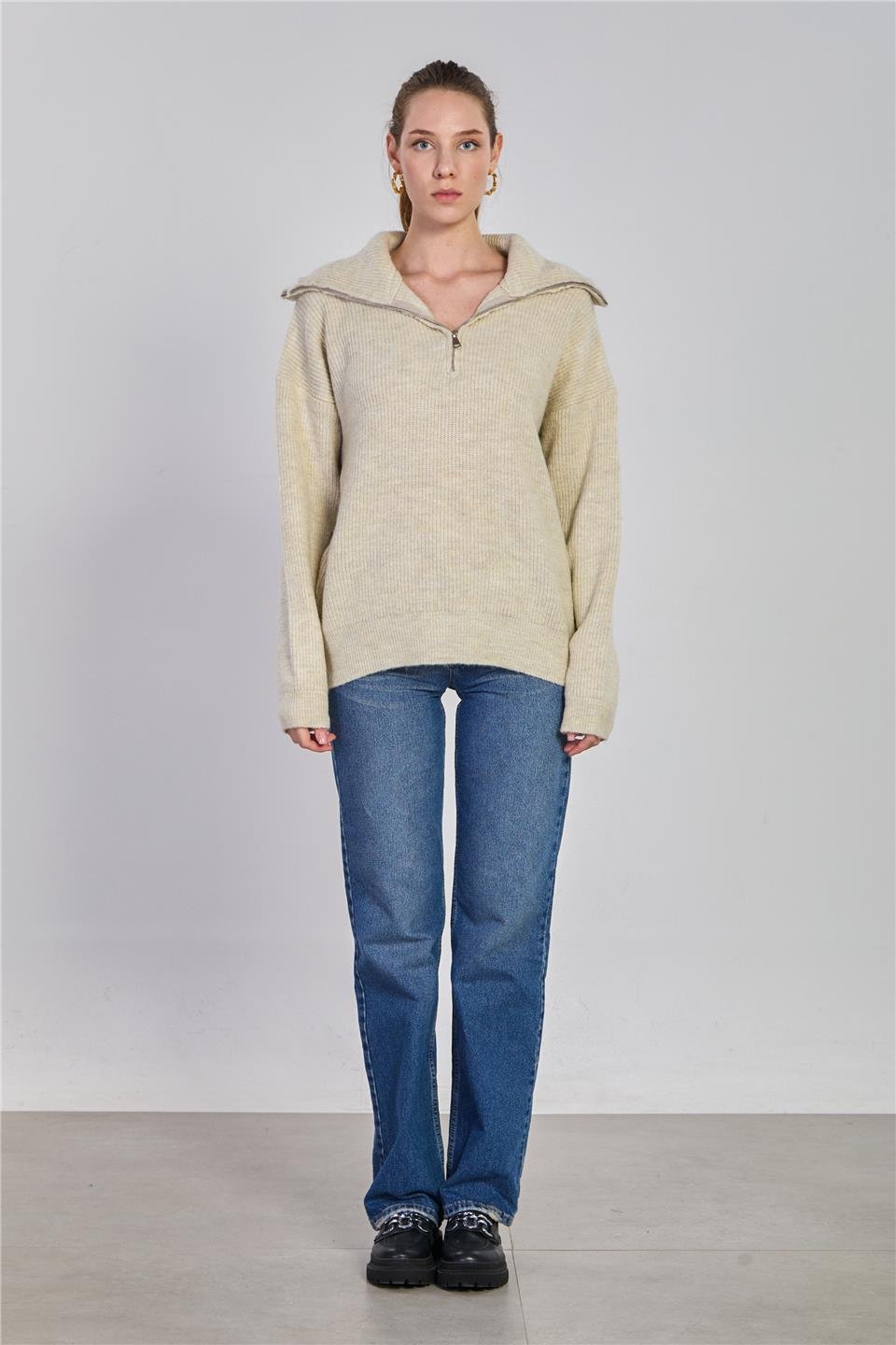 Kadın Yaka Fermuarlı Oversize Sweatsihrt - Taş Rengi