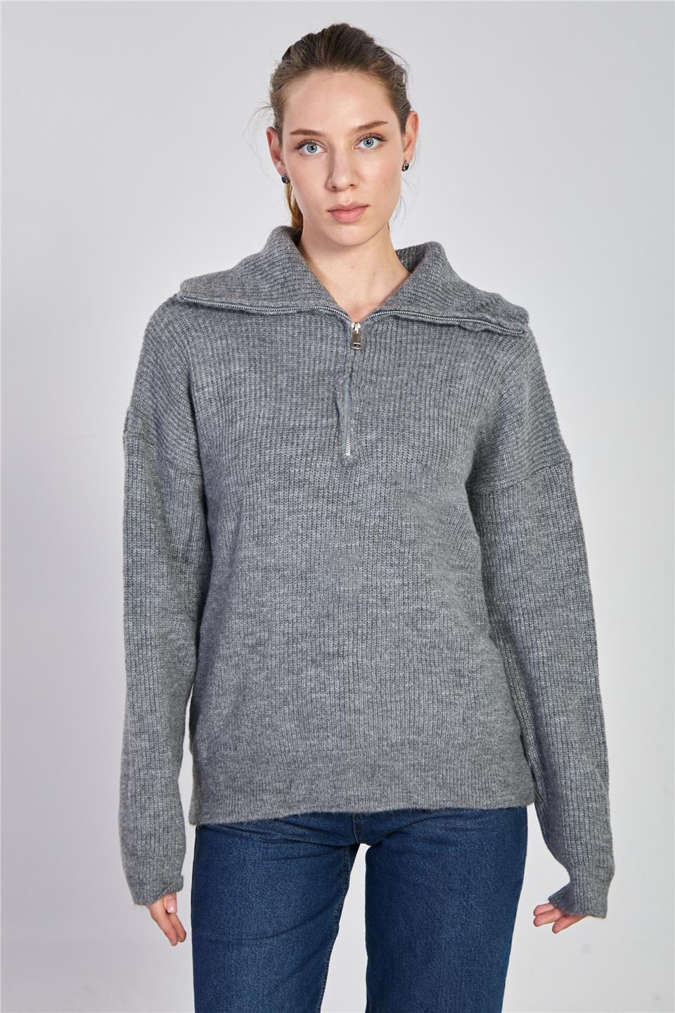 Kadın Yaka Fermuarlı Oversize Sweatshirt - Antrasit 