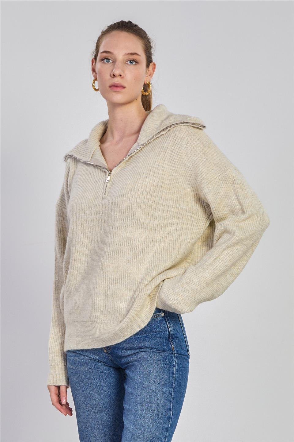 Kadın Yaka Fermuarlı Oversize Sweatsihrt - Taş Rengi