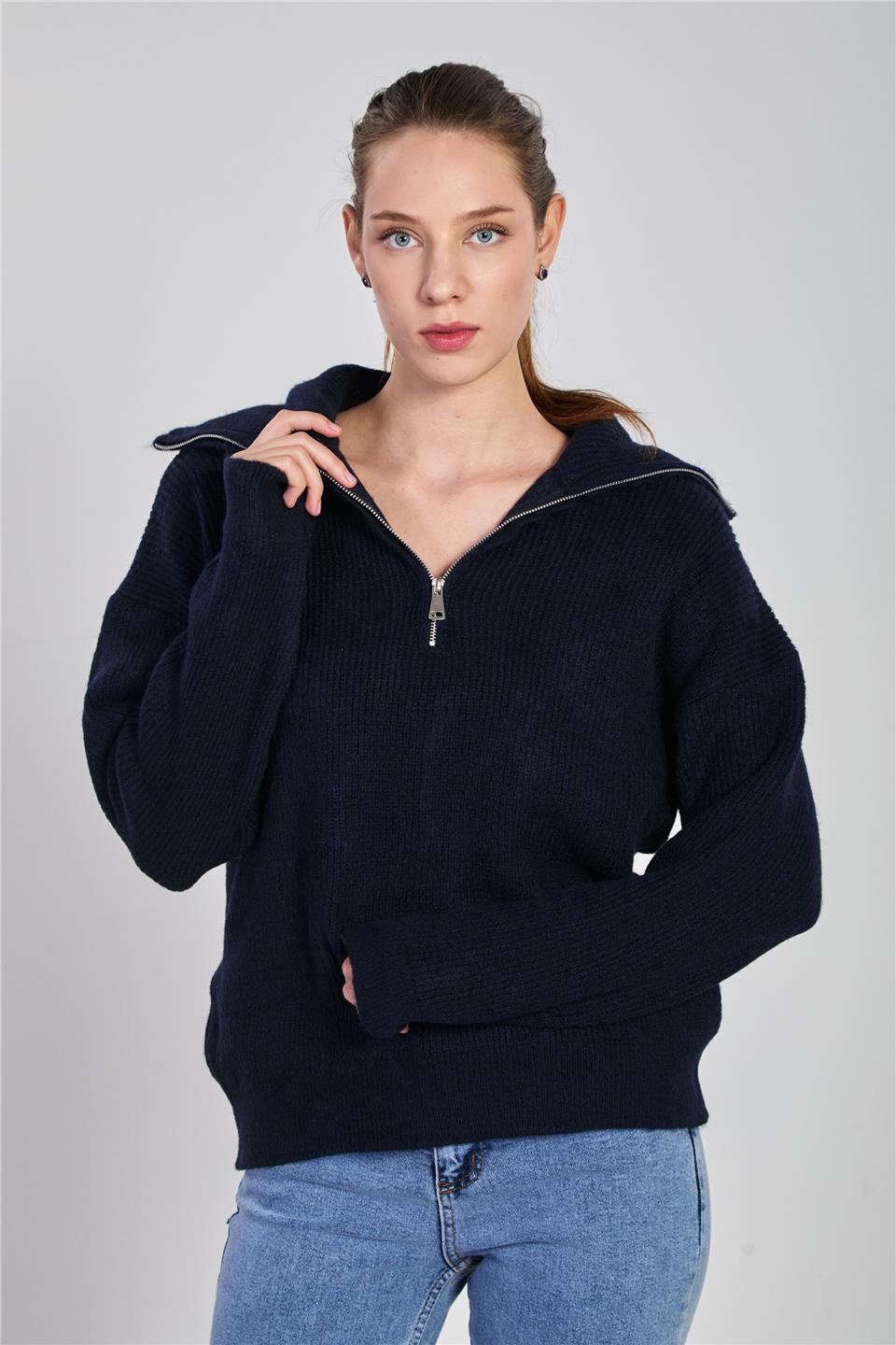 Kadın Yaka Fermuarlı Oversize Sweatshirt - Lacivert