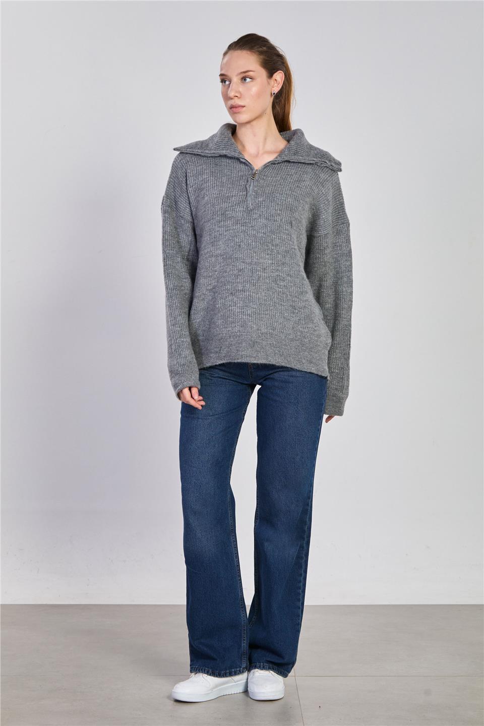 Kadın Yaka Fermuarlı Oversize Sweatshirt - Antrasit 