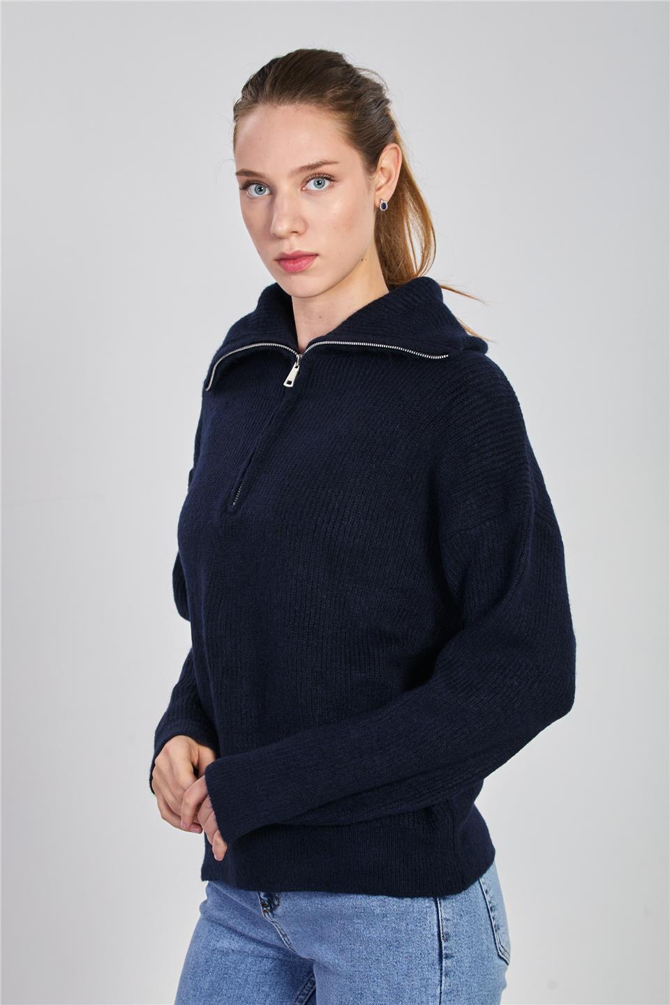 Kadın Yaka Fermuarlı Oversize Sweatshirt - Lacivert