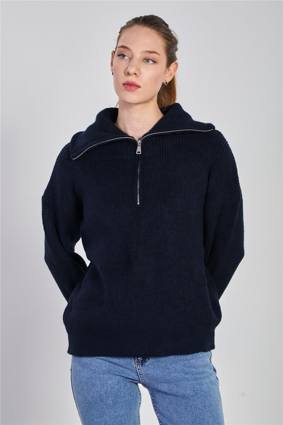 Kadın Yaka Fermuarlı Oversize Sweatshirt - Lacivert