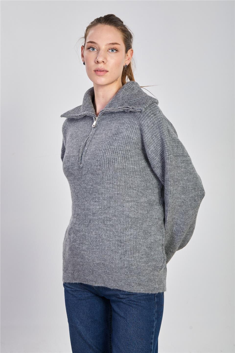 Kadın Yaka Fermuarlı Oversize Sweatshirt - Antrasit 