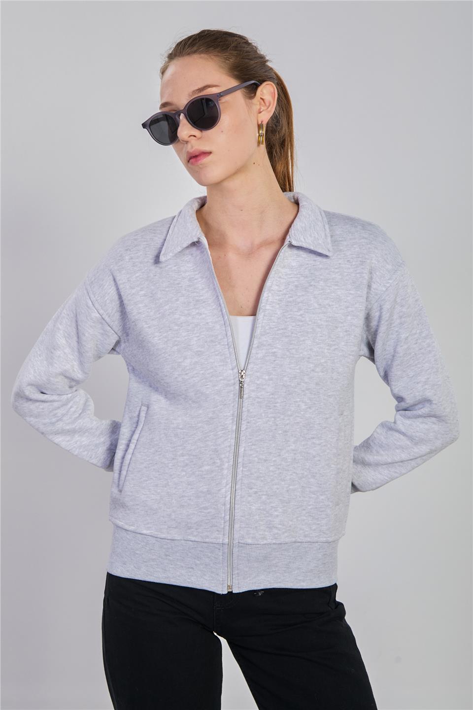 Kadın Yakalı Fermuarlı Sweatshirt - Kar Melanj