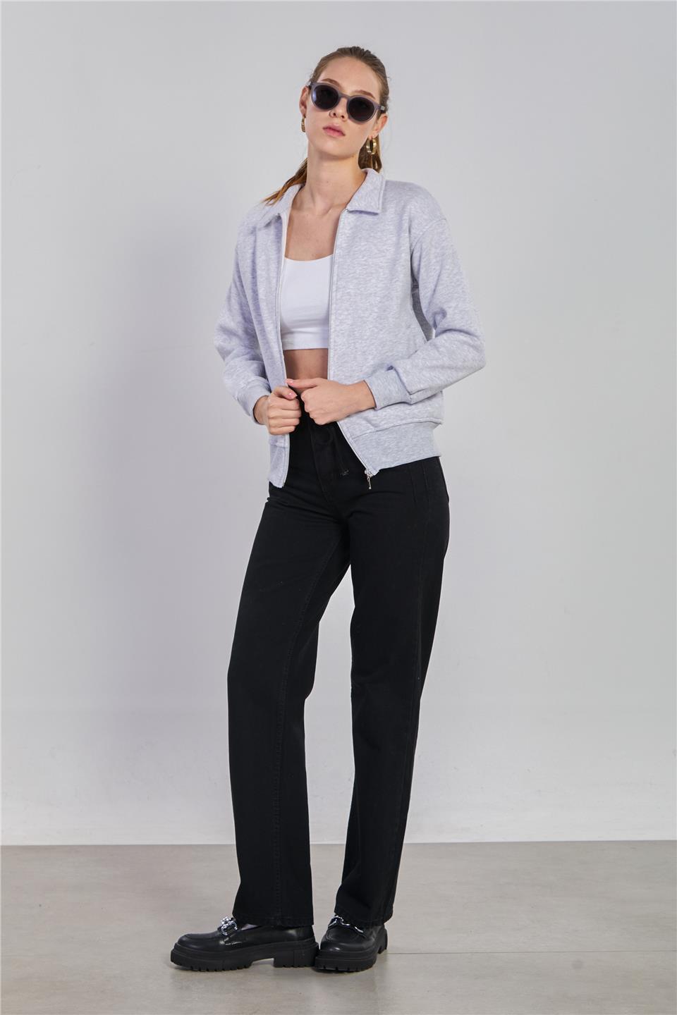 Kadın Yakalı Fermuarlı Sweatshirt - Kar Melanj