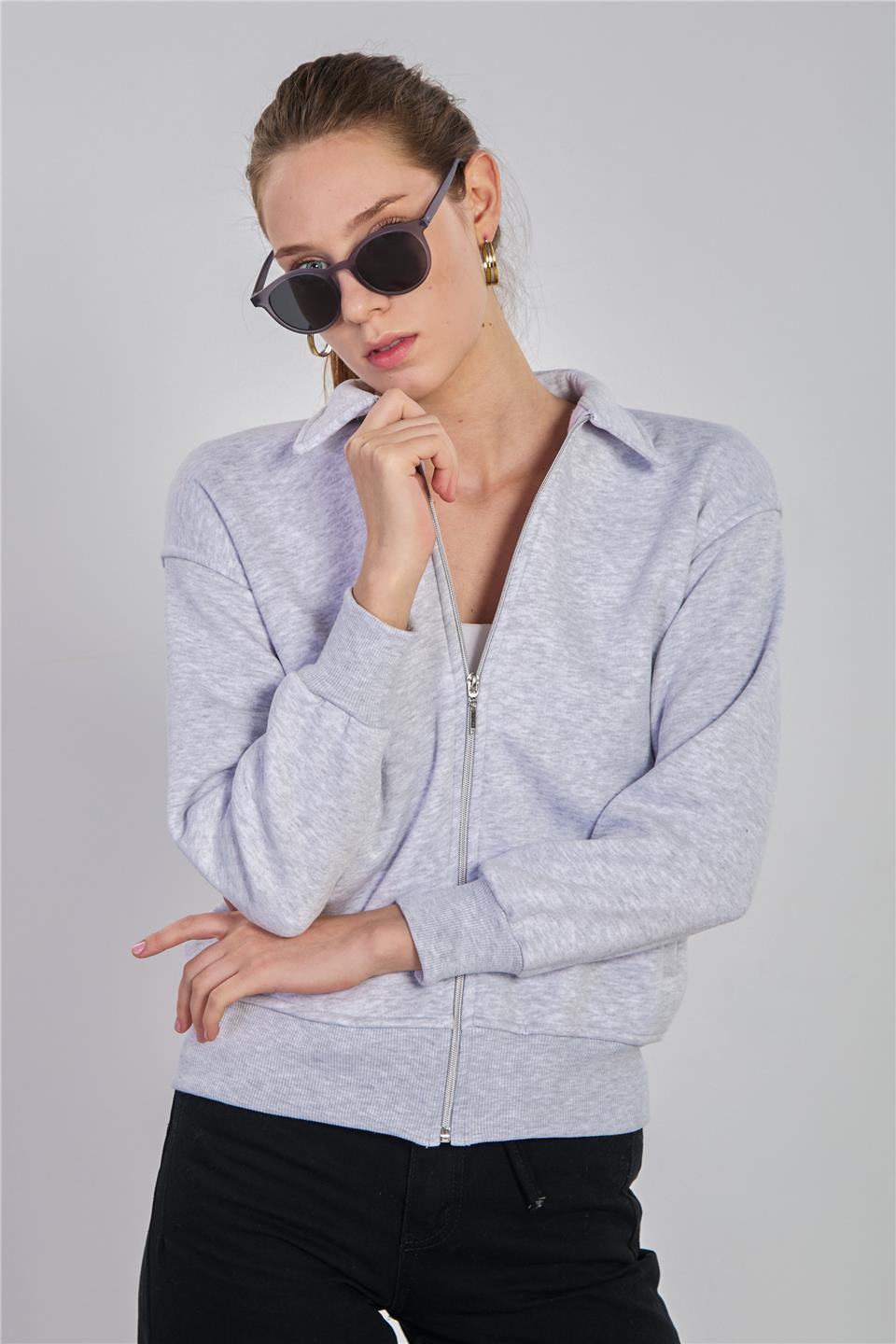 Kadın Yakalı Fermuarlı Sweatshirt - Kar Melanj