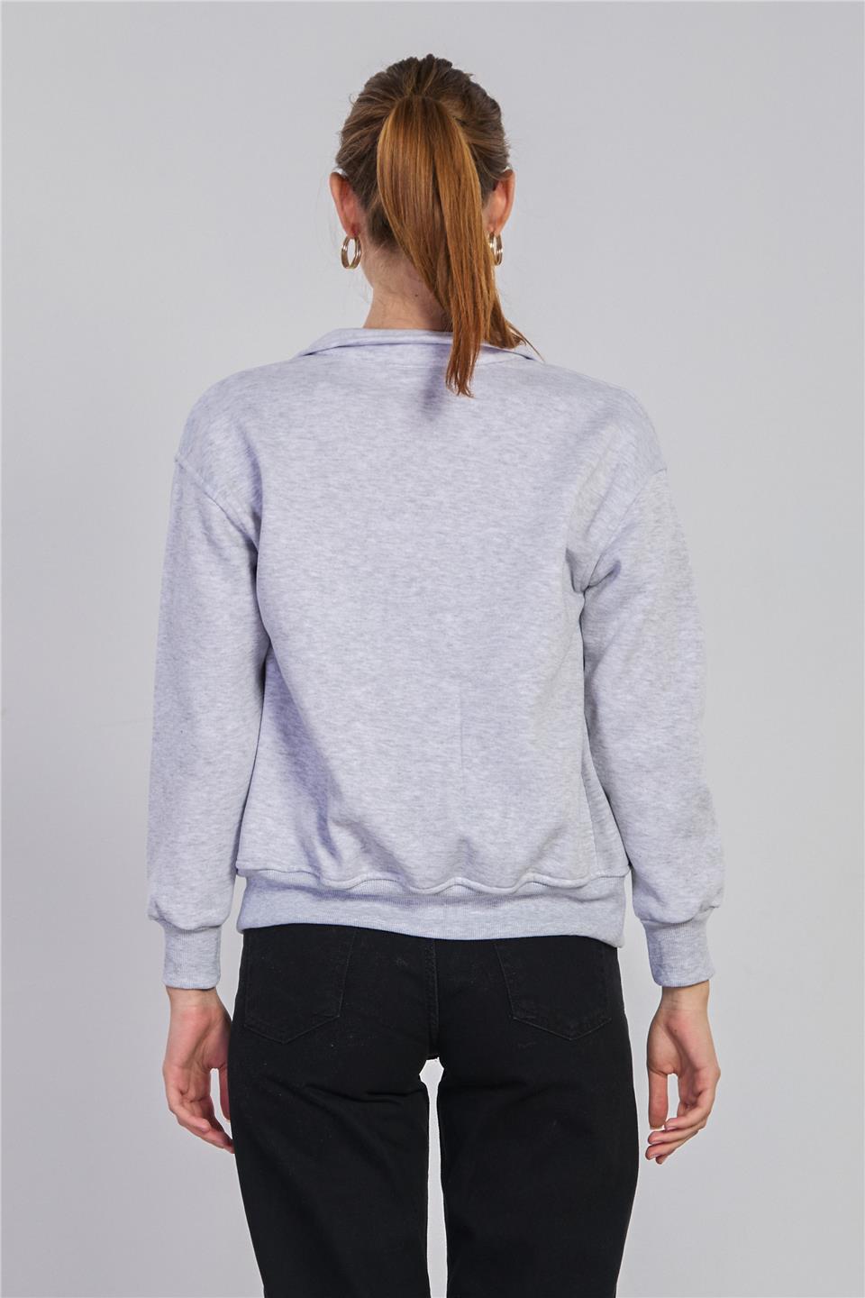 Kadın Yakalı Fermuarlı Sweatshirt - Kar Melanj