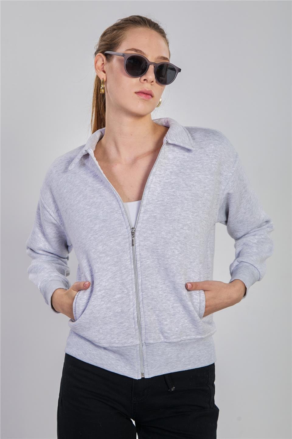 Kadın Yakalı Fermuarlı Sweatshirt - Kar Melanj