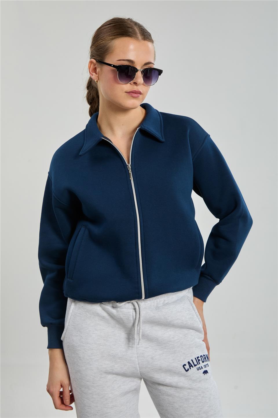 Kadın Yakalı Fermuarlı Sweatshirt - Lacivert
