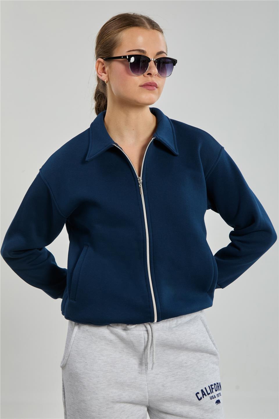 Kadın Yakalı Fermuarlı Sweatshirt - Lacivert