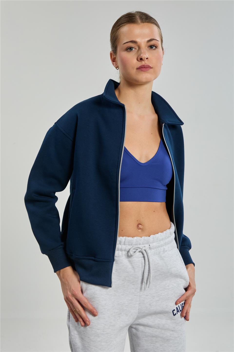 Kadın Yakalı Fermuarlı Sweatshirt - Lacivert