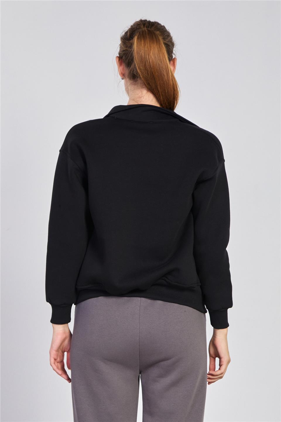 Kadın Yakalı Fermuarlı Sweatshirt - Siyah