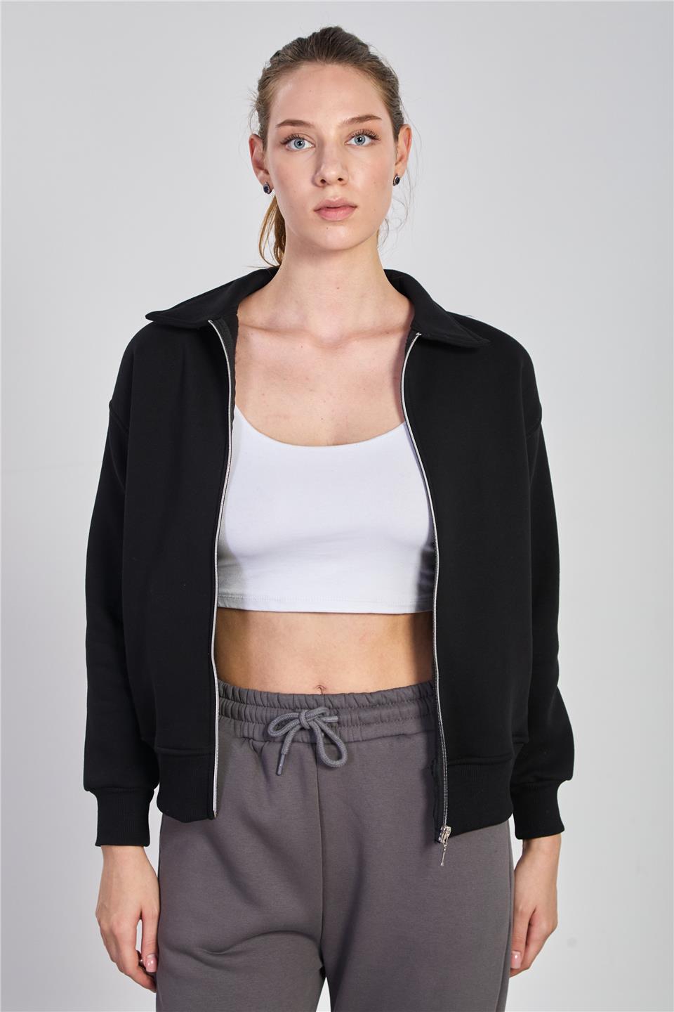 Kadın Yakalı Fermuarlı Sweatshirt - Siyah