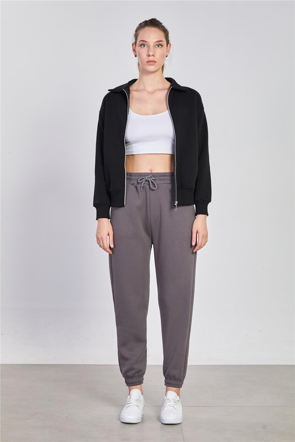 Kadın Yakalı Fermuarlı Sweatshirt - Siyah