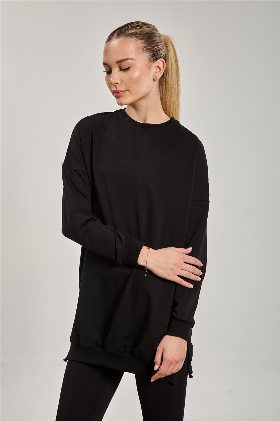 Kadın Yanı Yırtmaçlı Tunik Sweat - Siyah 