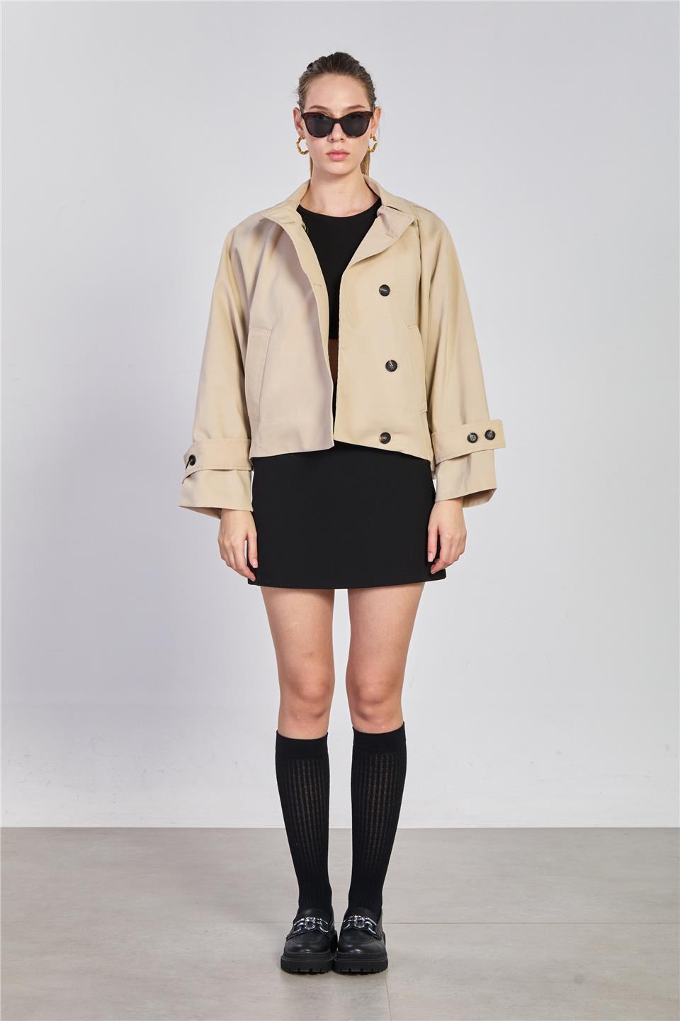 Kadın Yarasa Kol Kapüşonlu Kısa Trençkot - Taş