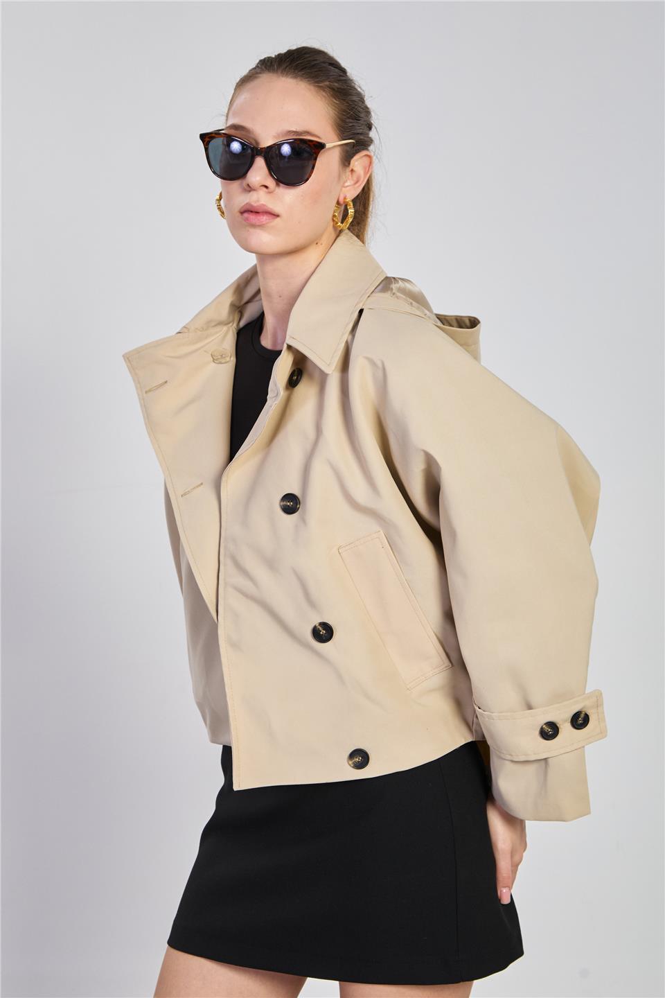 Kadın Yarasa Kol Kapüşonlu Kısa Trençkot - Taş