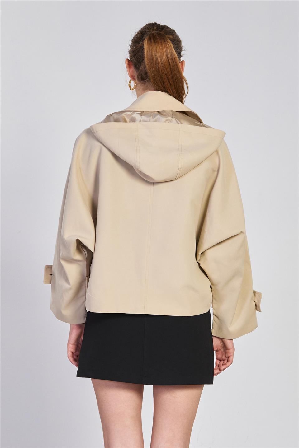 Kadın Yarasa Kol Kapüşonlu Kısa Trençkot - Taş