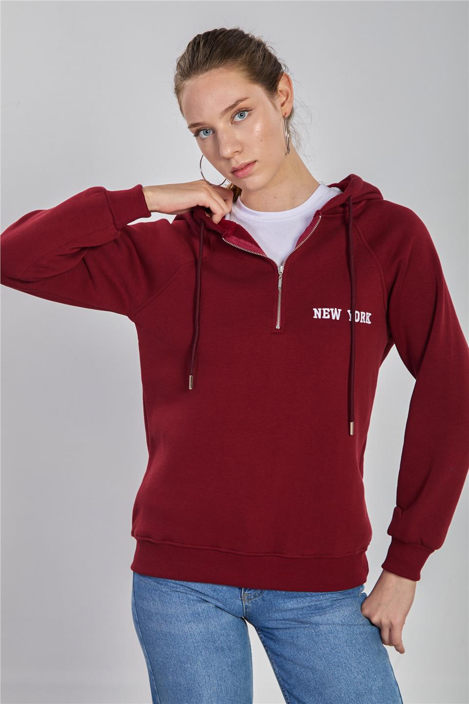 Kadın Yarım Fermuarlı Kapüşonlu Sweatshirt - Vişne