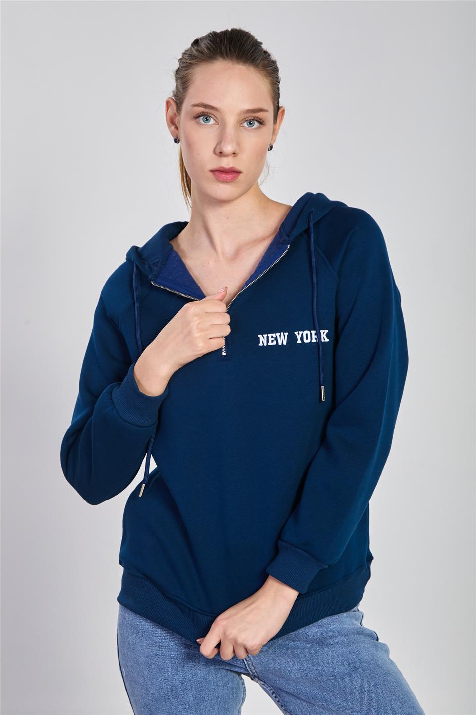 Kadın Yarım Fermuarlı Kapüşonlu Sweatshirt - Lacivert