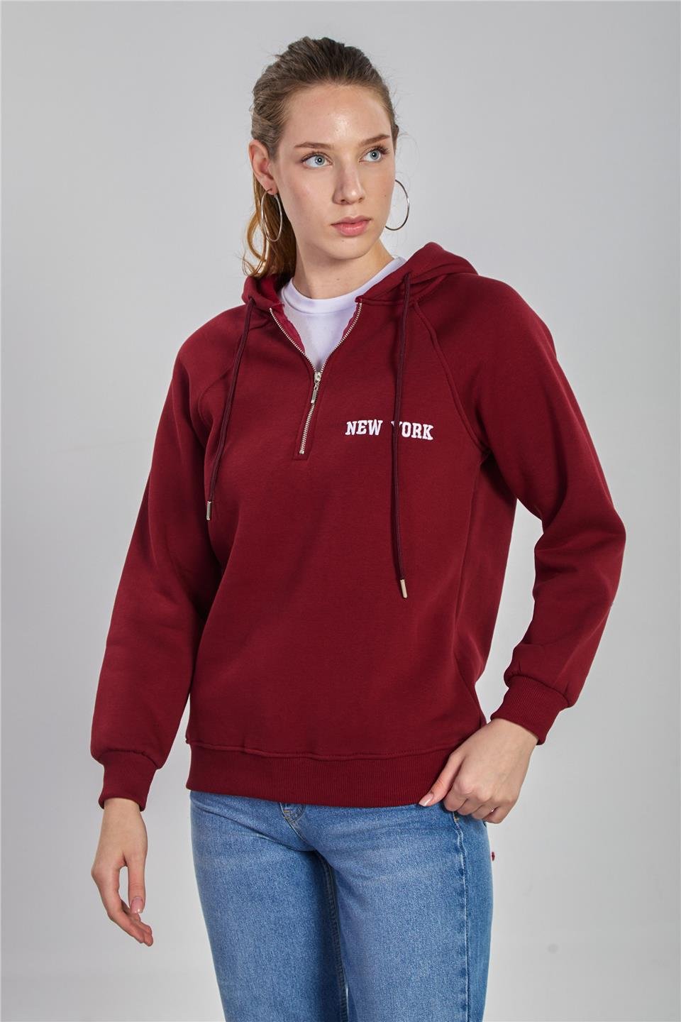 Kadın Yarım Fermuarlı Kapüşonlu Sweatshirt - Vişne