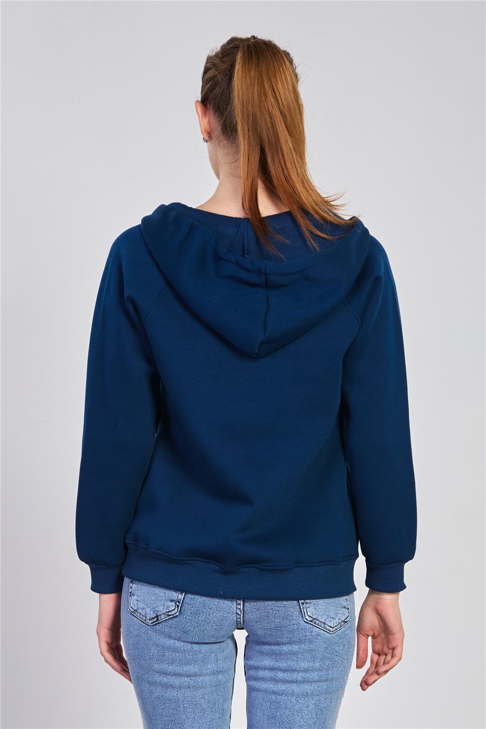 Kadın Yarım Fermuarlı Kapüşonlu Sweatshirt - Lacivert