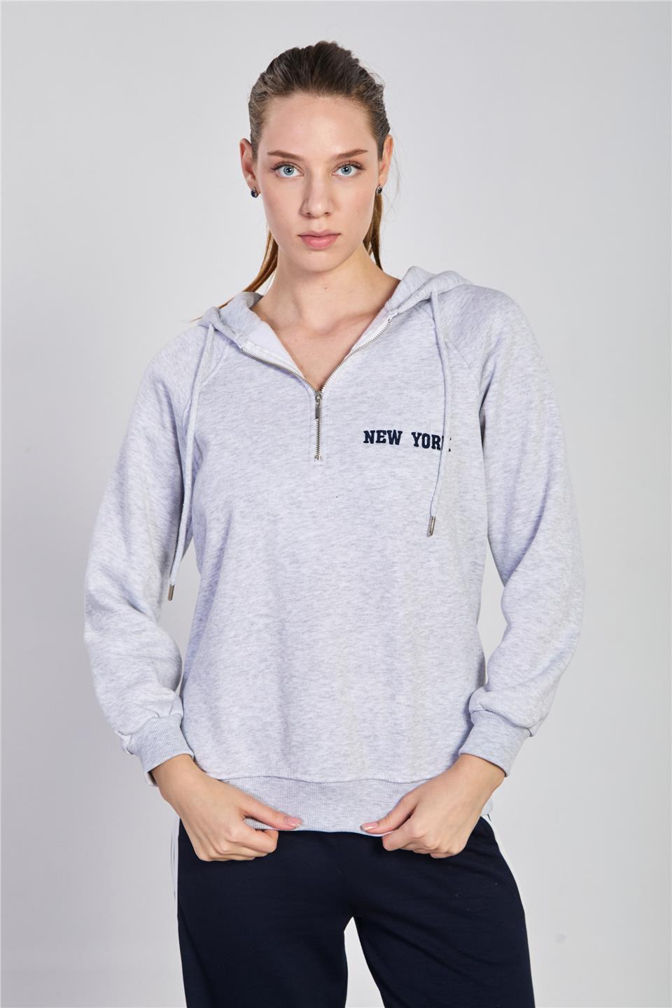 Kadın Yarım Fermuarlı Kapüşonlu Sweatshirt - Kar Melanj