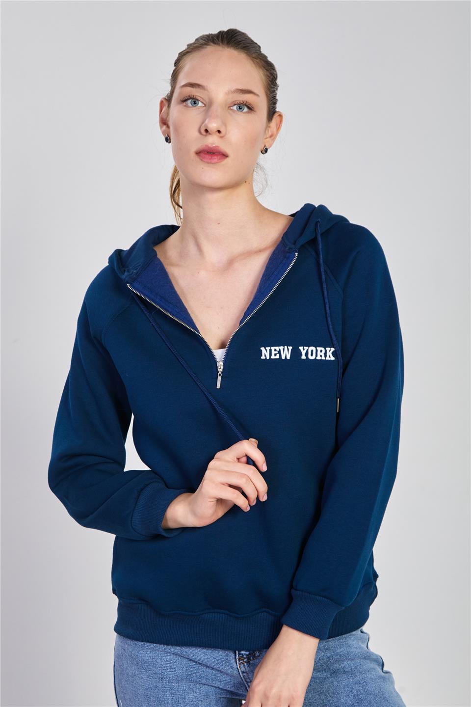 Kadın Yarım Fermuarlı Kapüşonlu Sweatshirt - Lacivert