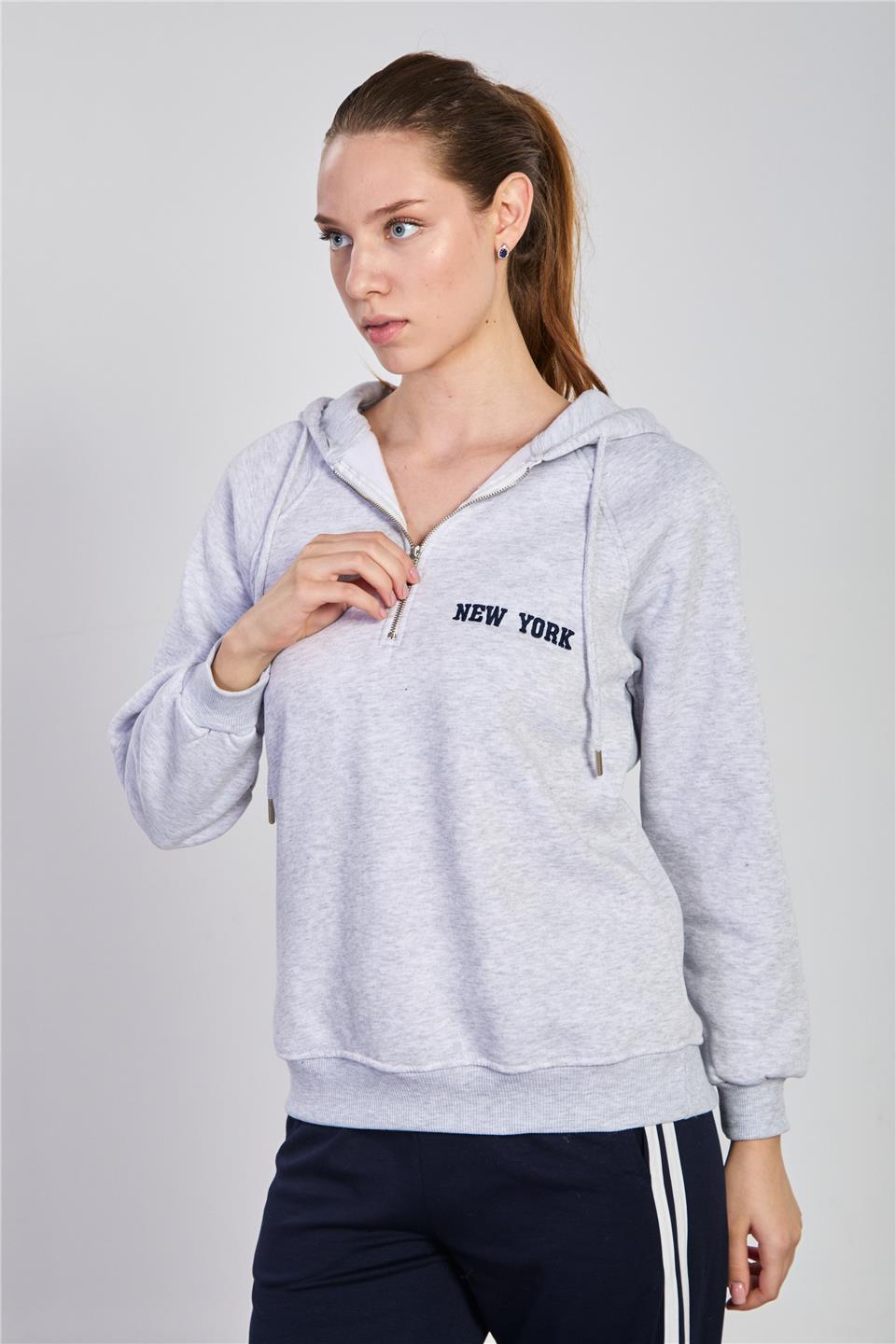 Kadın Yarım Fermuarlı Kapüşonlu Sweatshirt - Kar Melanj