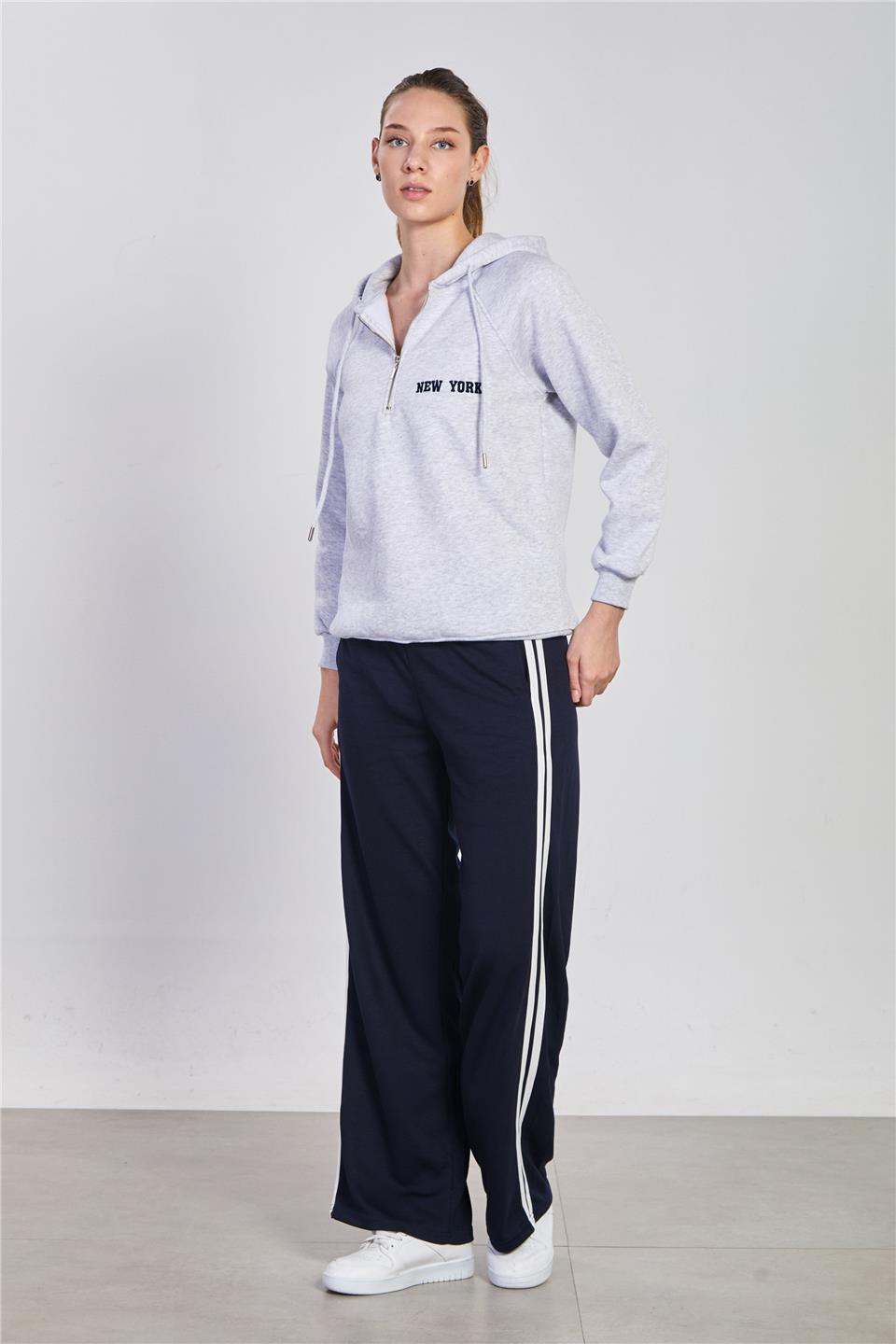 Kadın Yarım Fermuarlı Kapüşonlu Sweatshirt - Kar Melanj