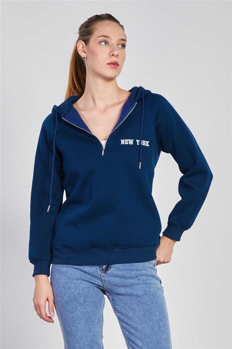 Kadın Yarım Fermuarlı Kapüşonlu Sweatshirt - Lacivert