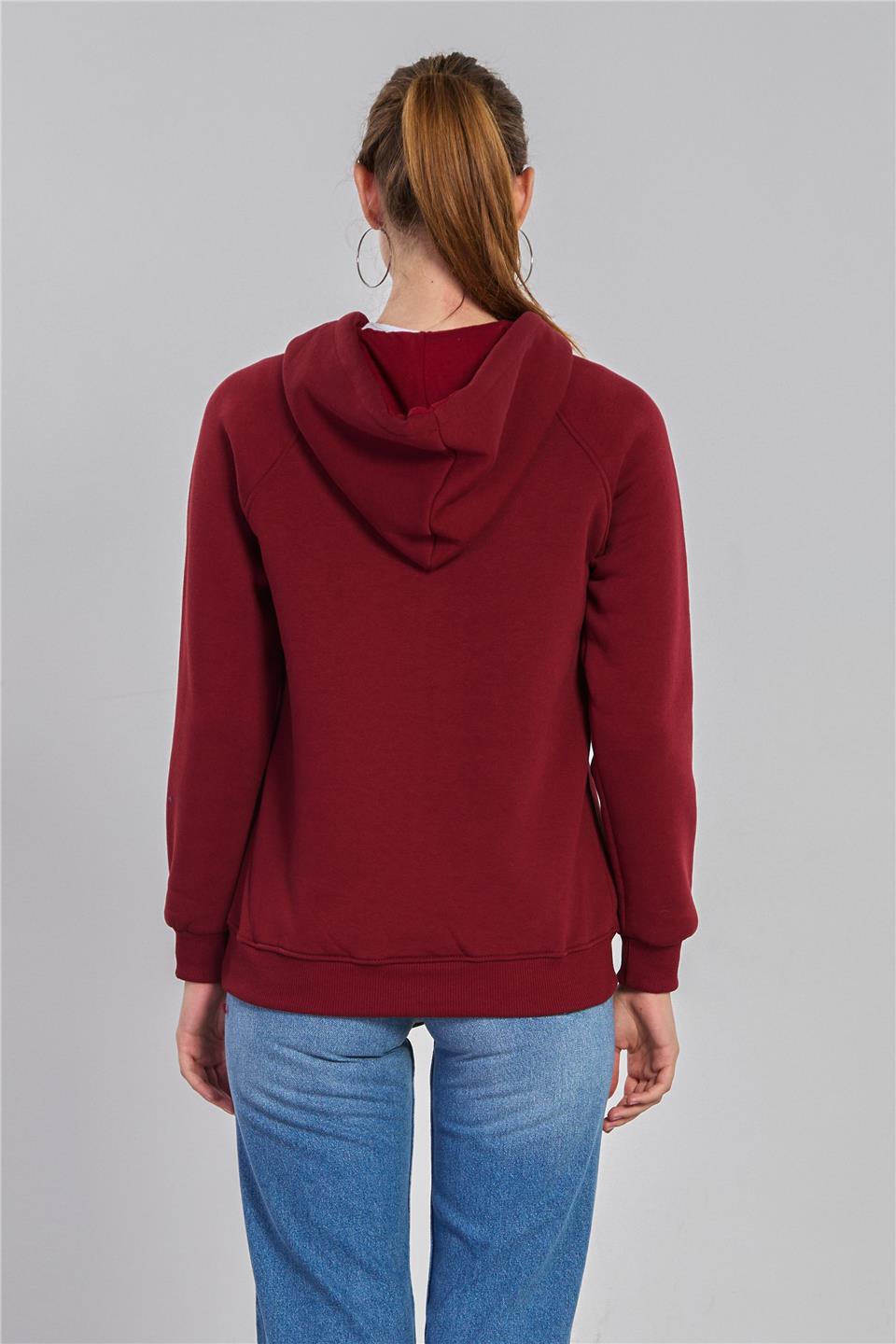 Kadın Yarım Fermuarlı Kapüşonlu Sweatshirt - Vişne
