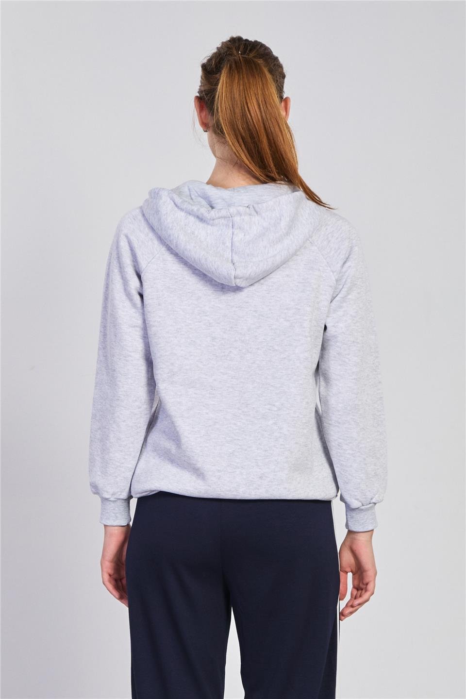 Kadın Yarım Fermuarlı Kapüşonlu Sweatshirt - Kar Melanj