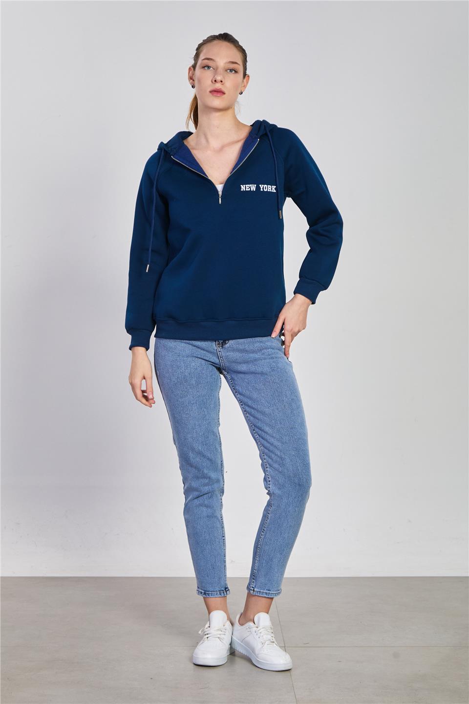 Kadın Yarım Fermuarlı Kapüşonlu Sweatshirt - Lacivert