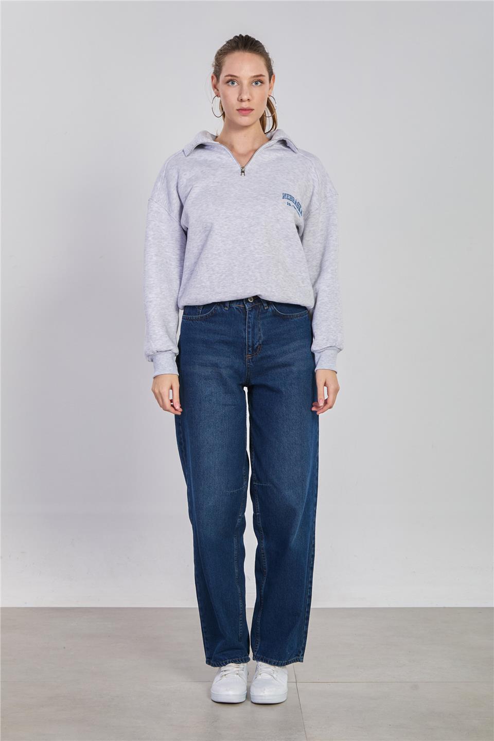 Kadın Yarım Fermuarlı Nebraska Baskılı Sweatshirt - Kar Melanj