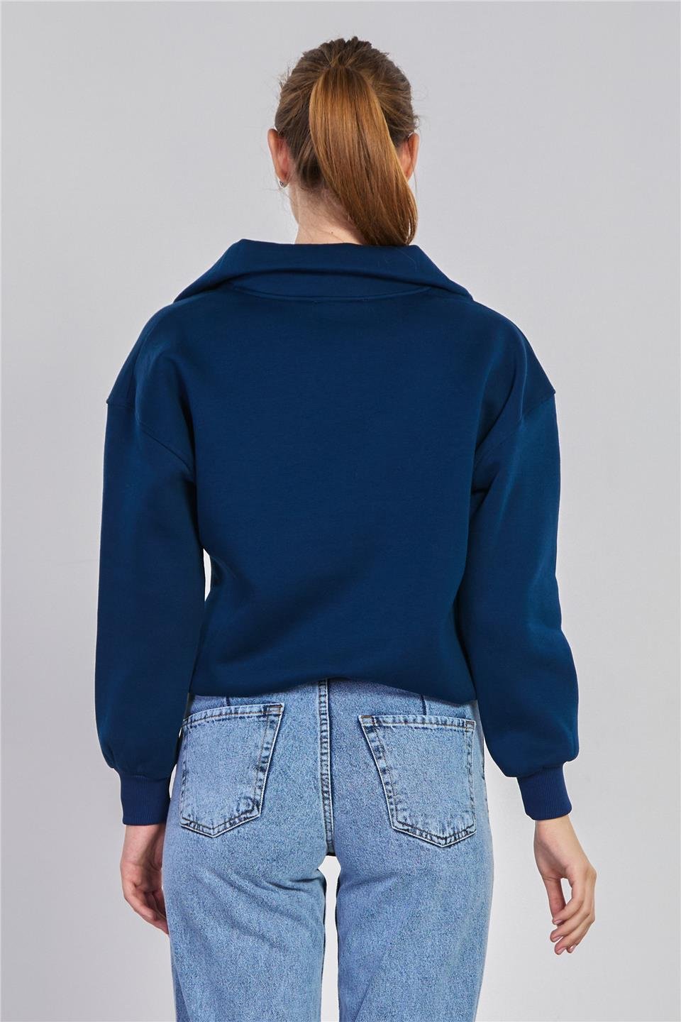 Kadın Yarım Fermuarlı Nebraska Baskılı Sweatshirt - Lacivert